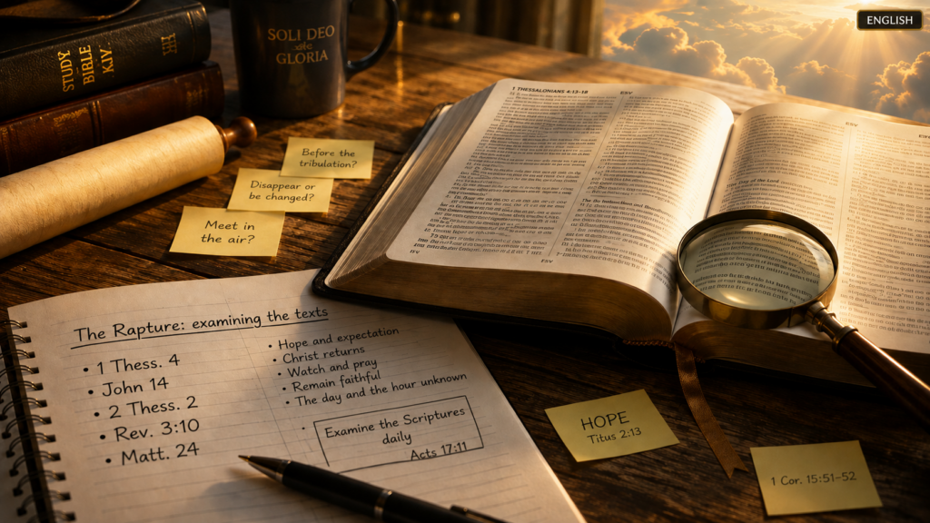 Open Bible and study notes examining New Testament passages about the rapture